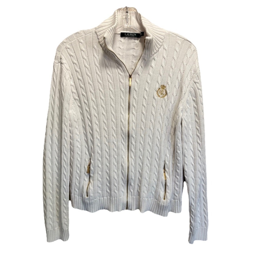 Lauren Ralph Lauren Cable Knit Zip Sweater Collar Long Sleeve Size L Logo
